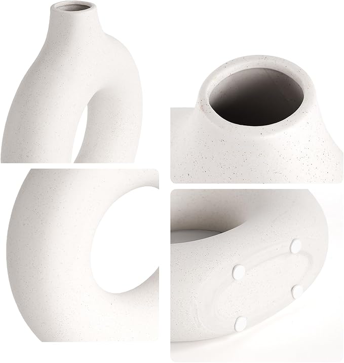 Cream White Ceramic Vase for Home Decor, Donut Vase for Pampas Grass, Dried Flowers, 7.6 Inch Minimalist Boho Flower Vases Decorative for Table, Shelf, Living Room, Dining Room, Farmhouse