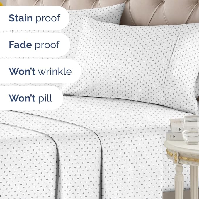 Blue Dot Pattern Sheets - 1 Flat & 1 Fitted Sheet & 2 Pillowcases w/ Deep Pockets - Spot Print Bedding - Wrinkle & Fade Resistant - Soft, Breathable & Cooling - Comfy, Luxury Bedding - Queen Size