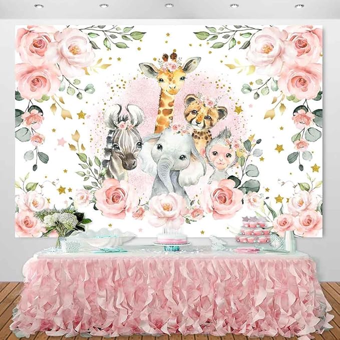 Sensfun Jungle Safari Baby Shower Backdrop It's A Girl Pink Floral Zoo Animals Baby Shower Party Decorations Wild One Birthday Photography Background Cake Table Banner Supplies (7x5ft)