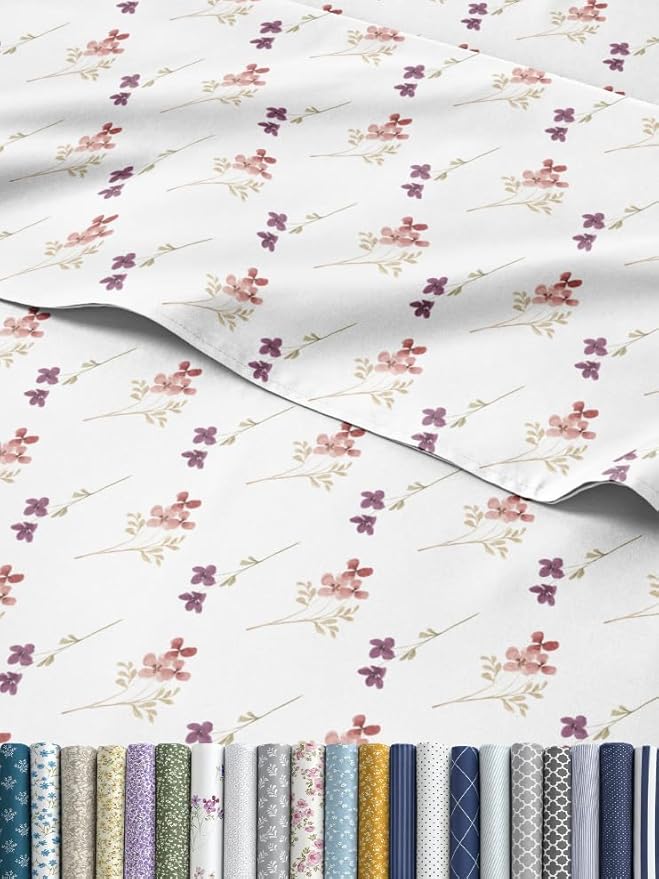 Floral Sheets - Pink & Purple Floral Bed Sheet Set - 1 Flat, 1 Fitted & 1 Pillowcase w/ Deep Pockets - Comfy, Wrinkle & Fade Free - Boho Botanical Bedding - Soft, Breathable & Cooling - Twin Size Set