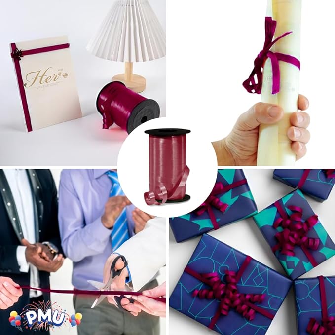 PMU Curling Ribbon - Crimped Texture Curling Ribbons for Gift Box, Birthday Party Decorations, Festival Art Craft & Christmas Décor - Burgundy Marsala 3/8 Inch X 250 Yards, Pkg/6