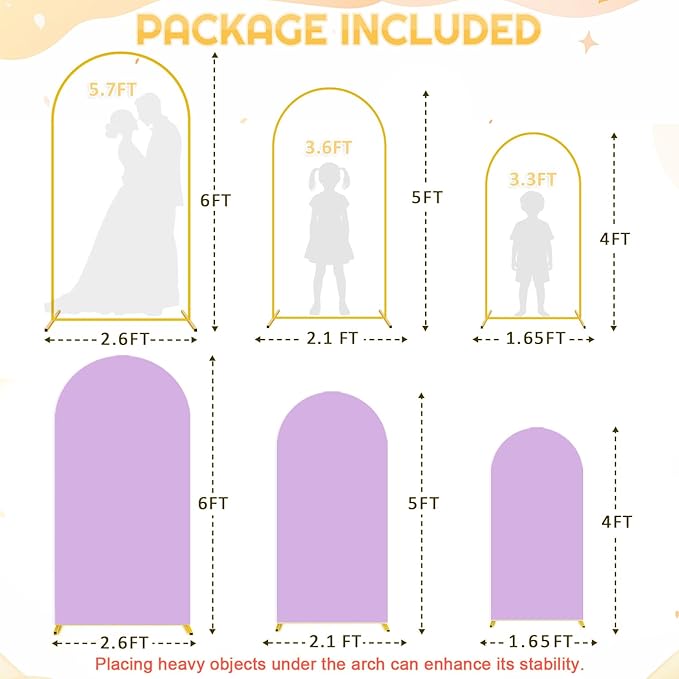 Set of 3 Arch Backdrop Stand and Wedding Arch Cover 6FT, 5FT, 4FT Stable Arches Stand Backdrop Metal Arched Frame Lavender Cover Balloon Arch Stand and Cover Set for Bridal Baby Shower Event Decor