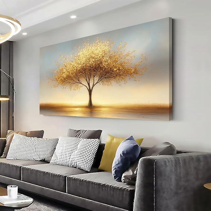 LAVIKARS Modern Tree of Life Wall Art for Living Room Office Golden Sunset Abstract Landscape Canvas Painting Prints Large Nature Artwork Home Kitchen Bedroom Decor (23x46 Inches)