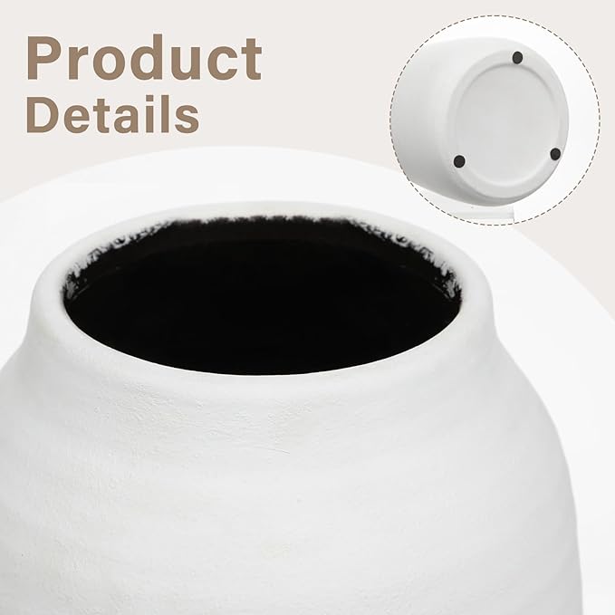 Briful White Ceramic Vase for Dried Flowers – 7.1” Short Ribbed Modern Vase with 3.7” Wide Opening, Minimalist Farmhouse Table Centerpiece, Boho Home Decor for Pampas Grass, Bookshelf & Mantel Styling