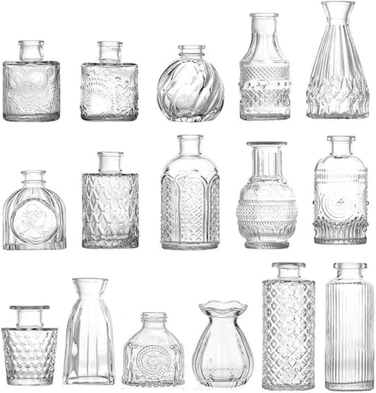 16Pcs Glass Bud Vase Set, Mini Flower Clear Vase Set Bud Vases for Wedding Centerpiece Table Decor, Vintage Small Vases for Room Home Dining Party Table Center Decor