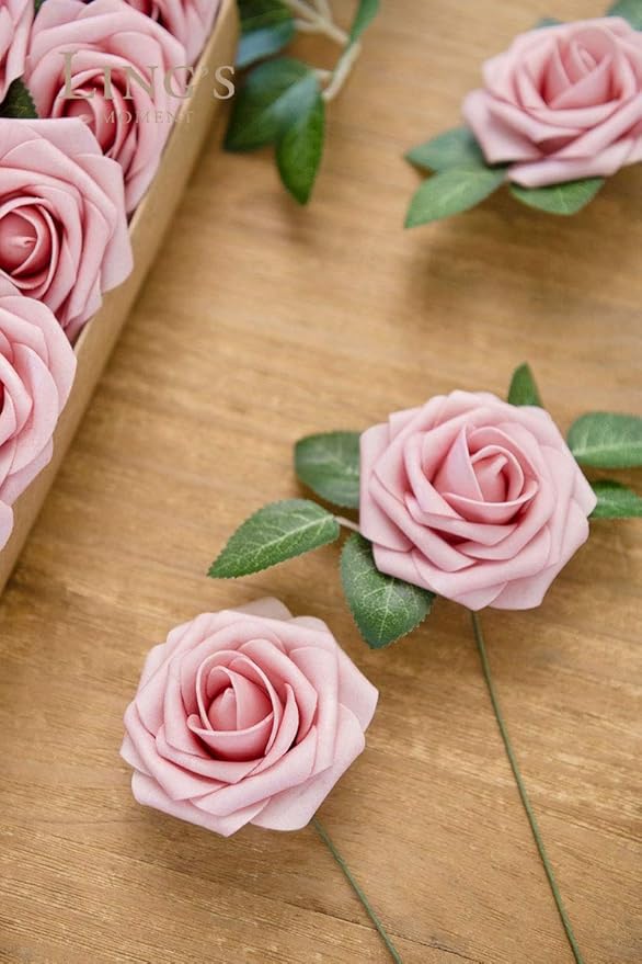 Ling's moment Artificial Flowers 25Pcs Shabby Blush Roses Decor w/Stems,3" Real Touch DIY Foam Floral for Wedding Bouquet/Centerpieces, Outdoors Party Backdrop, Room/Table, and Garden/Pot Decorations