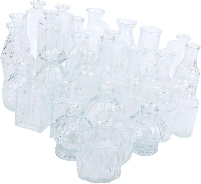 Sorandy 36 Glass Bud Vases, Transparent Multiple Shapes Vintage Embossed Flower Vase Set with Thick Sturdy Crystal Clear Glass for Wedding Home Decor Table Setting