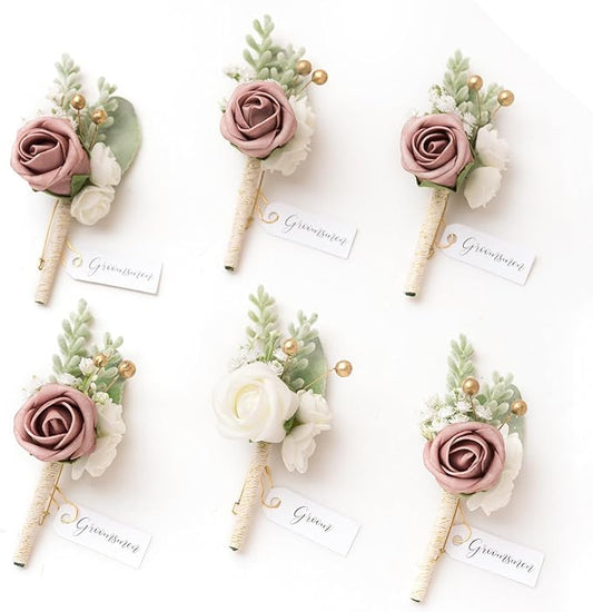 Ling's moment Boutonniere for Men, 6pcs Groom Groomsmen Boutonniere, Artificial Flowers for Wedding Decor/Prom/Homecoming, etc.Pink Dusty Rose