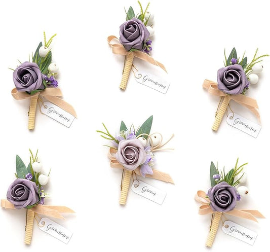 Ling's moment Boutonniere for Men, 6pcs Groom Groomsmen Boutonniere, Artificial Flowers for Wedding Decor/Prom/Homecoming, etc.Lilac Berry