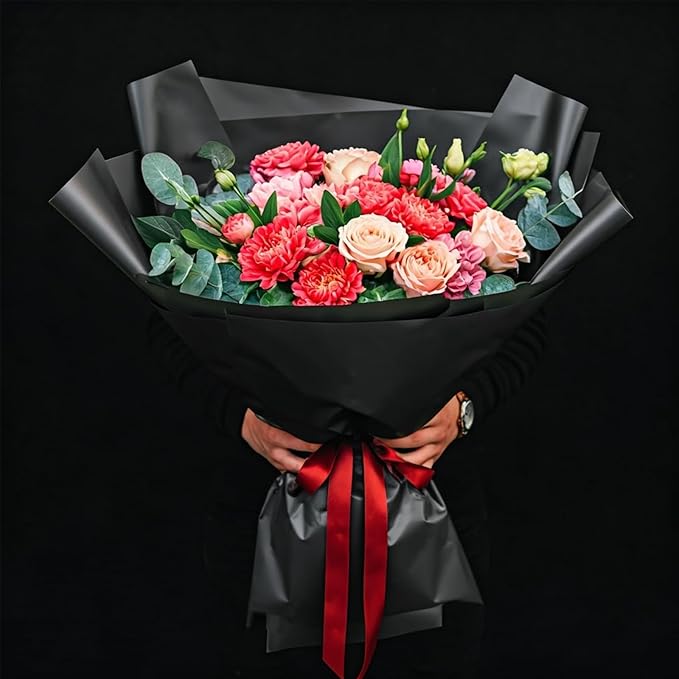 LeZakaa 20 Sheets Flower Wrapping Paper - Waterproof Reversible Floral Bouquet Paper - Black Design for Father's Day, Graduations, Parties, Birthdays, Formal Events
