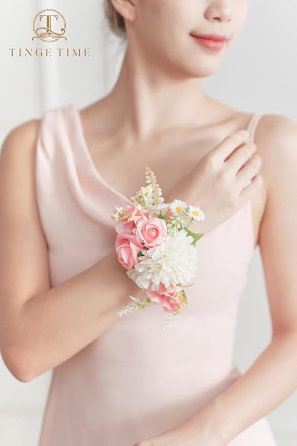 TINGE TIME Set of 2 Peach Pink Wrist Corsage Bracelets Pearl Wristlet Band Bridesmaid Bracelet for Wedding Ceremony Bridal Shower Wedding Artificial Flower Prom (Peach Pink)