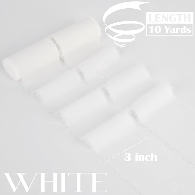 MEEDEE White Chiffon Ribbon 3 Inch White Fringe Ribbons Chiffon Silk Frayed Edge Ribbon Wide Chiffon Ribbons for Crafts, Flower Bouquet, Wedding Favors Wrapping (2 Rolls 10 Yards)