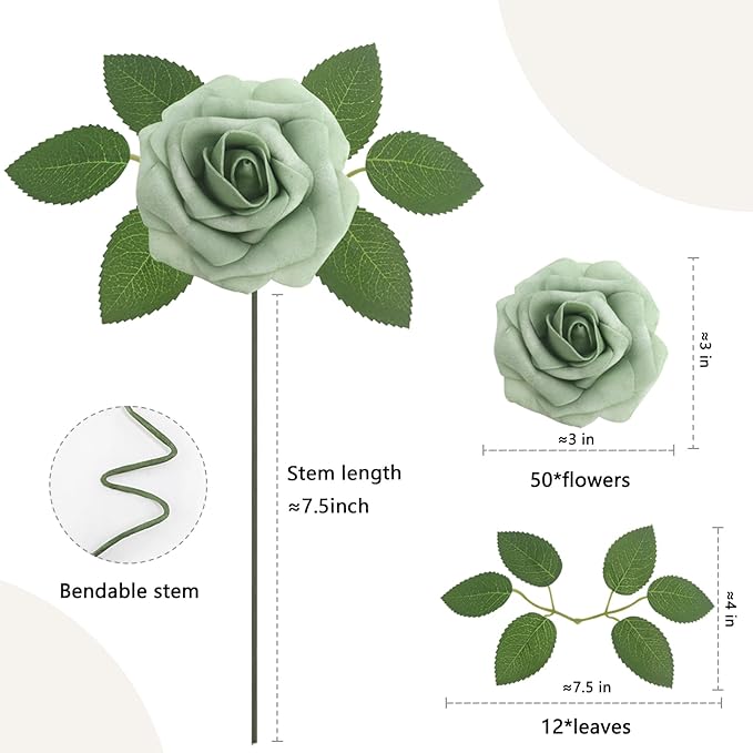 Artificial Flowers 50Pcs Elf Gree Roses Real Looking Foam Fake Roses with Leaves for DIY Wedding Bouquets Bridal Shower Centerpieces Party Decorations (Elf Green, 50)
