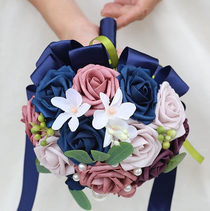 Lightweight Bridal Wedding Bouquet Round Holding Bouquet Throw Toss Artificial Rose Flower Bunch for Bride Bridesmaid Wedding Quinceanera (Navy, Smoky Rose, Light Taro & Dark Puce, 9.1")