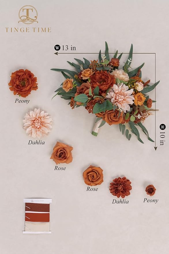 TINGE TIME 13 inch Terracotta Wedding Bouquets for Bride, Bridal Bouquet for Bride, Artificial Silk Rose for Graduation Bouquet, Fake Flowers for Fall Wedding Ceremony and Anniversary