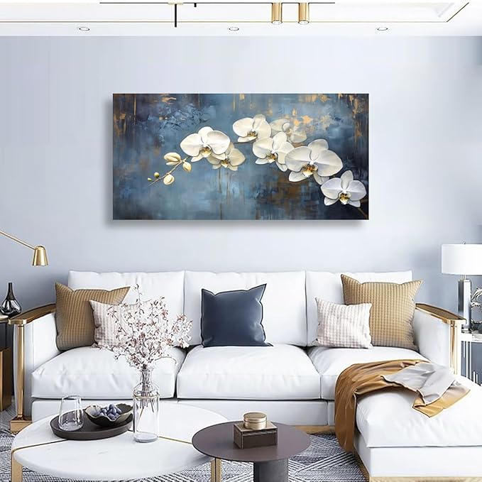 Abstract White Butterfly Orchid Canvas Wall Art for Living room Office Bedroom Flowers Wall Art Print Oil Paintings Modern Blue Gold Rain Mist Pictures Wall Decor Artwork Ready to Hang - 70in * 35inch