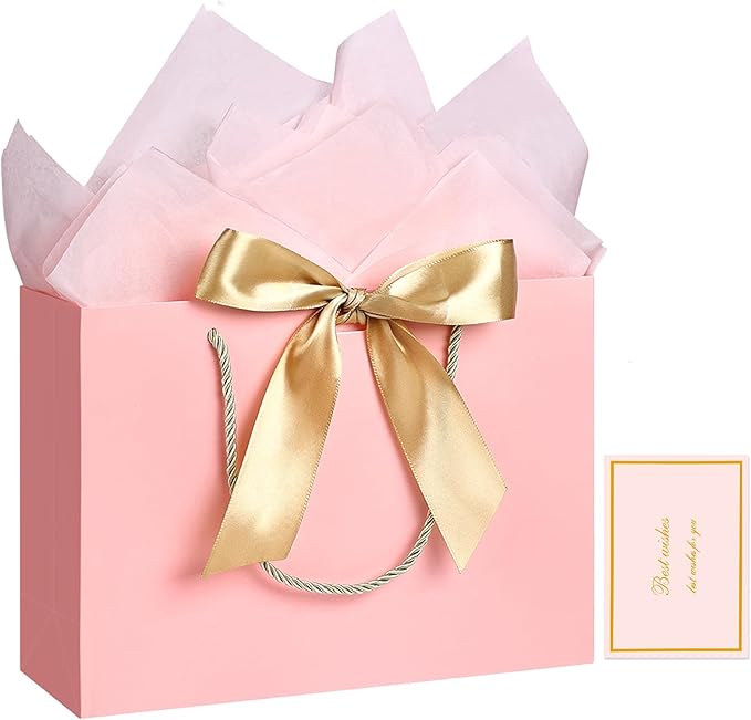 JMANNI Gift Bag, 1PCS Gift Bags Large with Ribbon and 1 Greeting Cards 2 Tissue Paper, Portable Paper Gift Bag with Handles, Birthday Gift Bags, Valentine's Day, Present Bags for Christmas Wedding Party Mothers Day