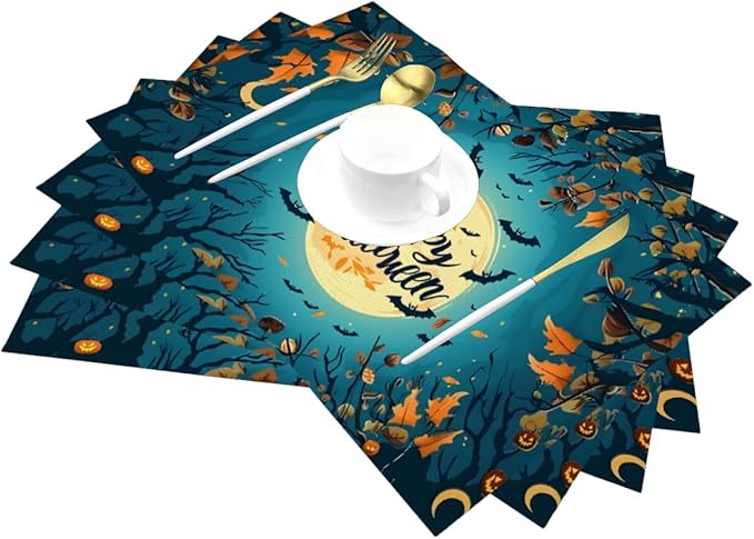 PVC Placemats Set of 6 Wipeable Table Mats Washable Heat Resistant Non Slip Vinyl Dining Table Mat for Kitchen Indoor Outdoor Patio Farmhouse Place Mats Halloween Bat Maple Decorative