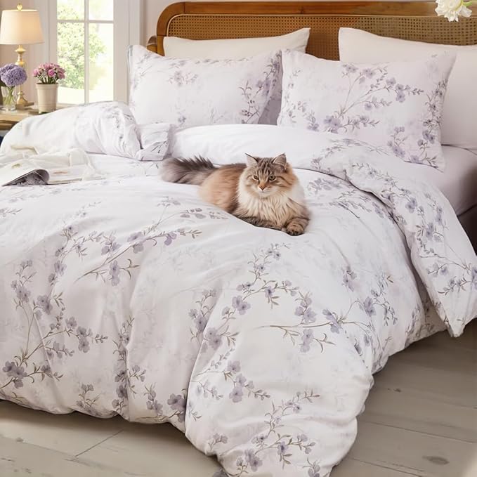 Floral Duvet Cover King Size - 100% Nature Cotton Reversible Grayish Flower Bedding Set with Zipper Closure, 3 Pieces Soft & Breathable Beige Comforter Cover
