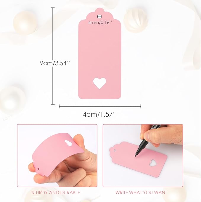 jijAcraft 100Pcs Gift Tags with String, Pink Paper Tag with Hollow Heart, 3.7 x 1.7Inch Mother Day Tags, Blank Gift Wrapping Hangtag, Party Favors Tag for Wedding, Birthday, Baby Shower