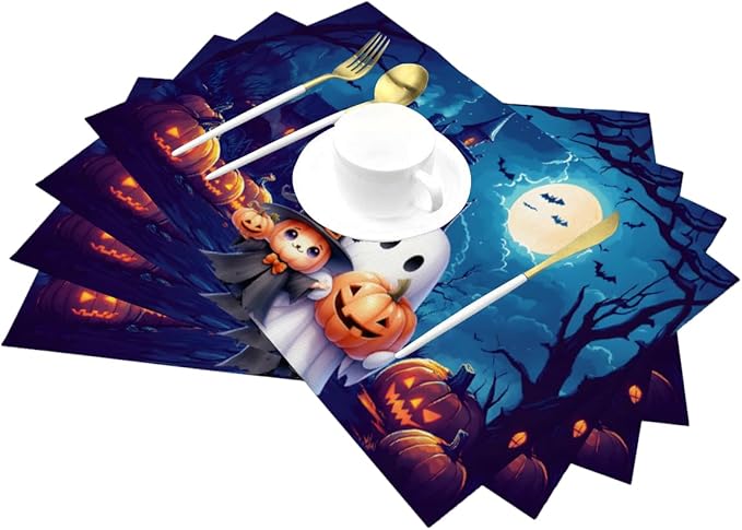 PVC Placemats Set of 6 Wipeable Table Mats Washable Heat Resistant Non Slip Vinyl Dining Table Mat for Kitchen Indoor Outdoor Patio Farmhouse Place Mats Halloween Castle Pumpkin Ghosts Decorative