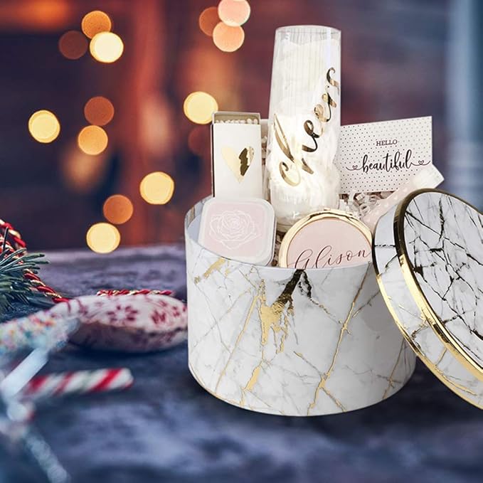 Briful Round Gift Boxes with Lids Set of 4 Marble White Gift Box Assorted Sizes Nesting Gift Boxes for Presents Birthday Bridesmaid Wedding Valentines Christmas Party Favor Boxes