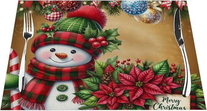 PVC Placemats Set of 1 Wipeable Table Mats Washable Heat Resistant Non Slip Vinyl Dining Table Mat for Kitchen Indoor Outdoor Patio Farmhouse Place Mats Christmas Ball Poinsettia Snowman Decorative