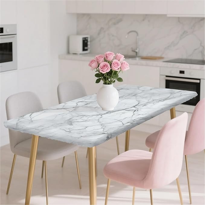 Rectangle Table Cloth Cover Waterproof Elastic Fitted Polyester Fitted Tablecloths for 8 Foot Tables for Indoor,Picnic, Camping, Outdoor （96" x 30"，Marble）