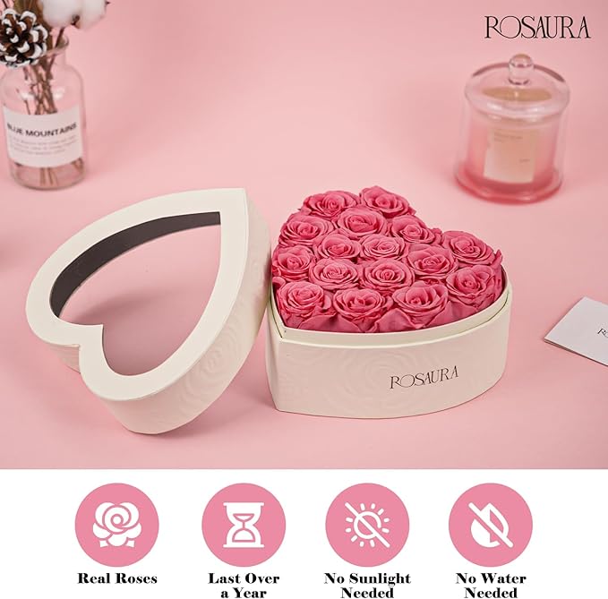 Rosaura Heart-Shaped Preserved Roses Gift Box - Real Forever Flowers for Birthday, Valentine's & Mother's Day (pink, 16 roses)