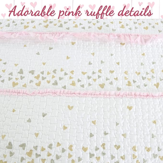 Cozy Line Home Fashions Pink Ruffle Gold Hearts Girl 100% Cotton Reversible All-Season Coverlet, Bedspread, Quilt Bedding Set (Sparkling Hearts, Twin)