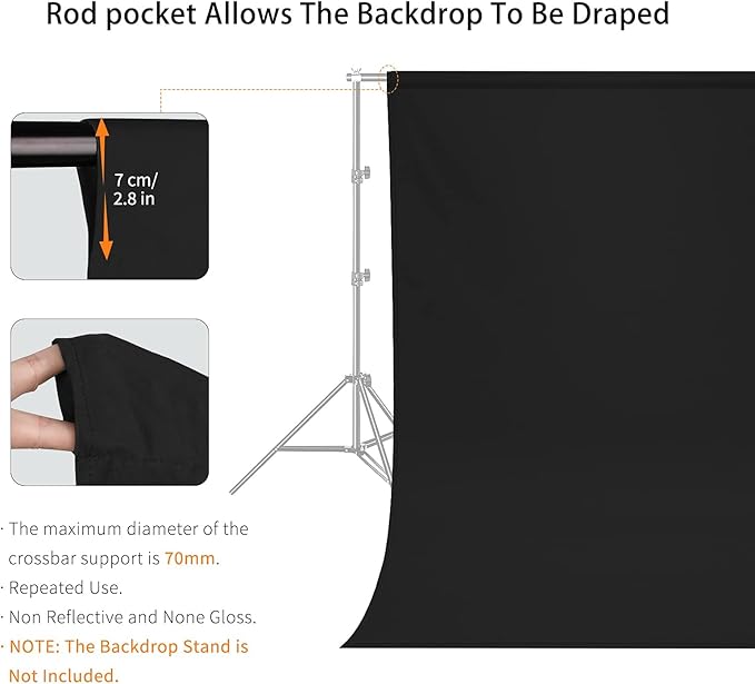8X10 FT Black Backdrop, 100% Polyester Photography Background Curtain Screen, Foldable Black Screen Washable for Professional Photoshoot Portraits Party Video Studio