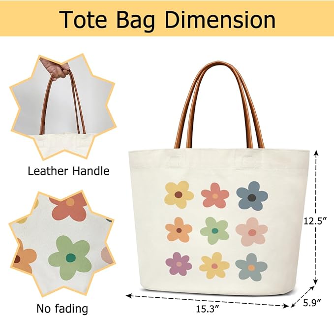 Floral Canvas Tote Bag For Women, Flower Tote Bags for Grocery Shoulder Bag for Work Beach Travel Gym, Beach Bag Shopping Handbag Motivational Gifts Birthday Gifts for Mom Teacher Friends -16