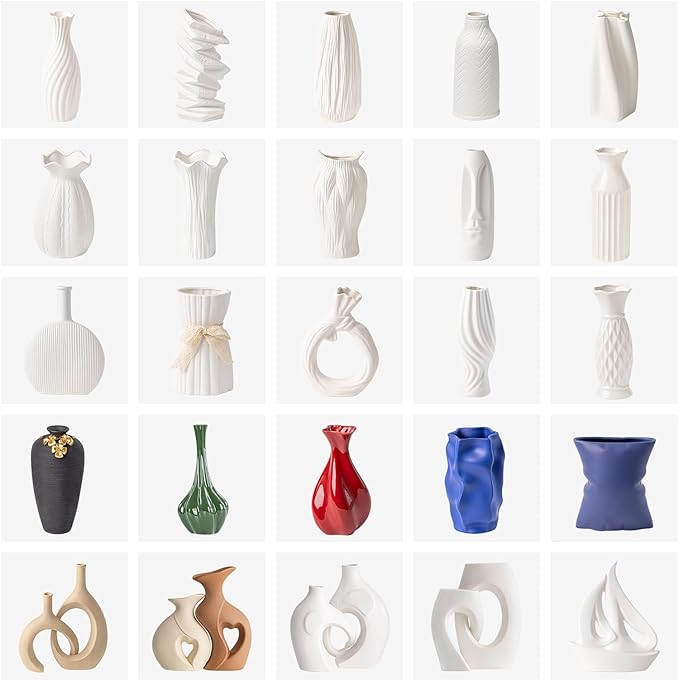 White Ceramic Vase with Ruffled Rim & Scalloped Texture - 8.5" Unique Flower Vase for Pampas Grass & Centerpieces, Decorative Boho/Farmhouse Vase for Living Room, Office Desk & Gift for Her/Yourself