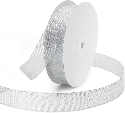 KMER LIFE 1 inch x 50 Yards Glitter Silvery Ribbon, Sparkly Metallic Fabric Ribbons for Gifts Wrapping, Sewing, Party Decoration and DIY Crafts