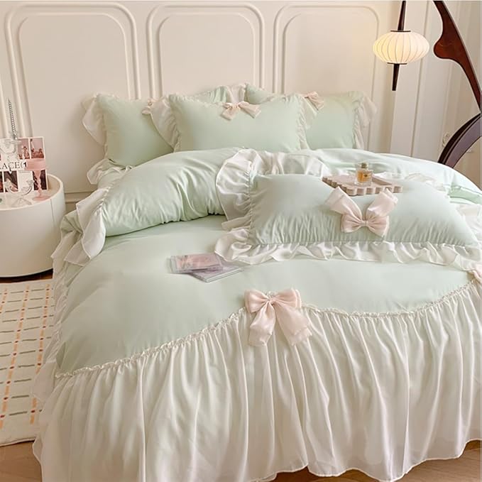 Ruffled Bedding Bow Duvet Cover Set with Butterfly Tie, Soft Brushed Microfiber Shabby Chic Bedding Set with Zipper Closure