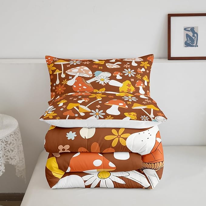 Castle Fairy 60s 70s Retro Hippie Twin Size Comforter Set,Groovy Flowers Mushroom Print Duvet Set for Kids Boys Bedroom,Boho Art Soft Microfiber Bedding Comforters,2 Pcs