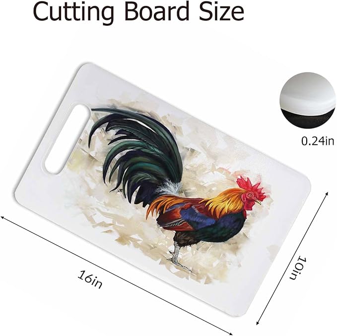 Rooster Cutting Board Farm Animal Standing Watercolor Grip Handle Chopping Boards Cutting Board for Kitchen Plastic 16" x 10" x 0.24"