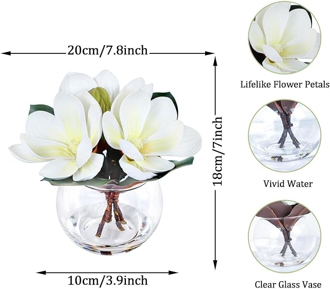 Artificial Magnolia Flower in Glass Vase, Fake Flowers with Faux Water for Realistic Look, Small Potted Plant for Home Desk, Bathroom, Office Shelf Table Centerpiece Decor(White)