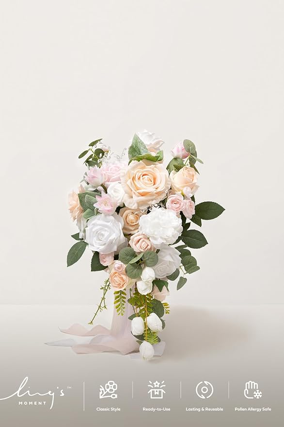 Ling's moment Blush Pink Bridal Bouquet Cascading, Coral Wedding Bouquets for Bride, 13 Inch Bride Bouquets for Wedding Artificial Flowers Bouquets
