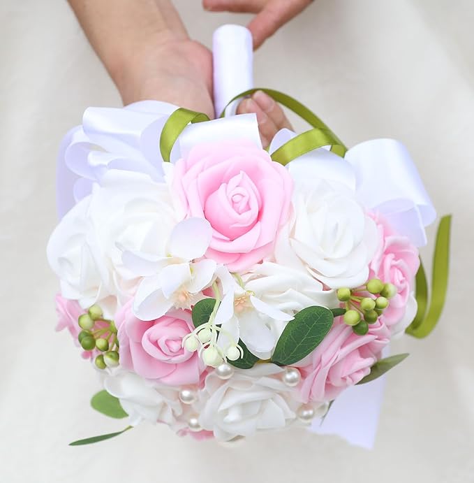 Lightweight Bridal Wedding Bouquet Round Holding Bouquet Throw Toss Artificial Rose Flower Bunch for Bride Bridesmaid Wedding Quinceanera (White & Pink, 9.1")