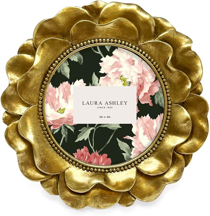 Laura Ashley 4x4 Gold Round Resin Ornate Flower Design Picture Frame with Beaded Border, for Tabletop and Wall Display, Floral Home Décor (Gold)