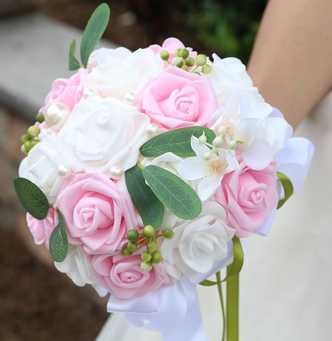 Lightweight Bridal Wedding Bouquet Round Holding Bouquet Throw Toss Artificial Rose Flower Bunch for Bride Bridesmaid Wedding Quinceanera (White & Pink, 9.1")