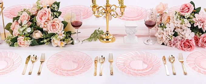 YOUBET 125Pieces Clear Pink Plastic Plates with Gold Rim - Gold Plastic Silverware Include 25 Dinner Plates 25 Dessert Plates 75 Golden Silverwares for Wedding Birthday & Parties