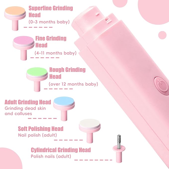 Baby Nail Trimmer Electric, Rechargeable Baby Nail Clippers, Baby Nail File Manicure Set with 6 Grinding Heads for Toddler, Newborn (Pink)