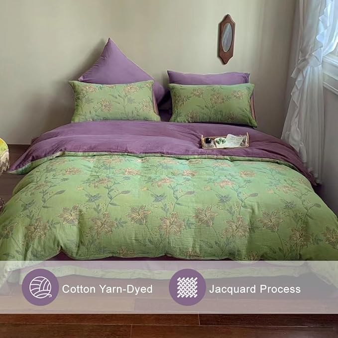 VM VOUGEMARKET Green Duvet Cover Set Full,Lily Flower Jacquard Duvet Cover with 2 Pillowcases 3Pcs Yarn-Dyed Linen Cotton Green Purple Bedding Set for Teens Girls Without Comforter-80 x90