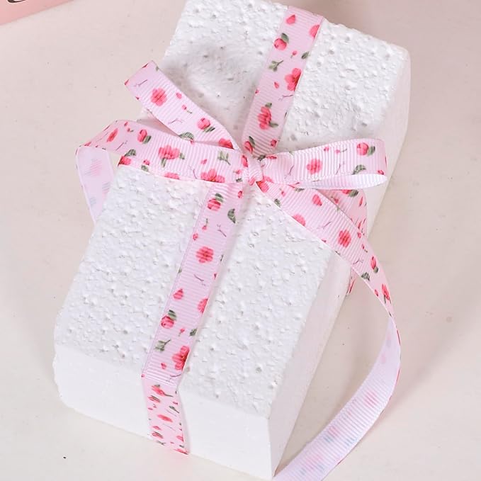 Floral Grosgrain Ribbon, 5 Rolls Flower Pattern Ribbon Spring Summer Fabric Decorative Craft Ribbon Roll for Gift Wrapping Decor Hair Bow Sewing Wreath Crafts (Pink Floral, 3/8 inch X 20Yards)