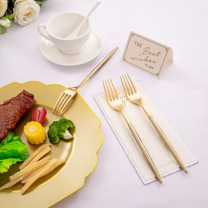 Supernal 102pcs Gold Plastic Silverware, Disposable Cutlery with Dark Gold Handle, Plastic Forks and Spoons Knives,34 Forks,34Knvies,34 Spoons,Perfect for Birthday,Party,Wedding
