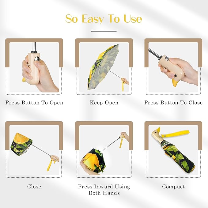 Cute Duck Umbrella Automatic - Compact Pretty Pocket Size Strong Duck Collapsible Umbrella Yellow Wooden Handle for Women