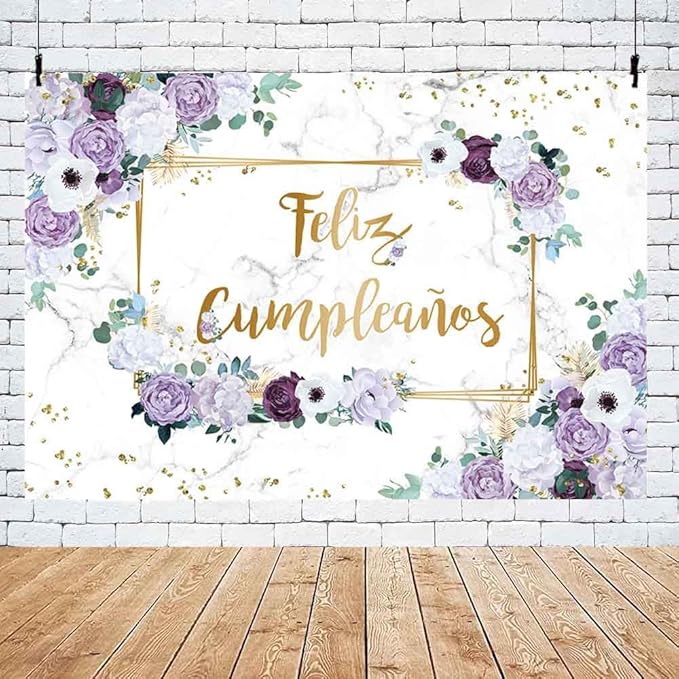 MEHOFOND 8x6ft Feliz cumpleaños Backdrop Purple and White Flower Birthday Photography Background Girls Geometric Gold Glitter Dots Birthday Floral Party Decorations Cake Smash Decor Studio Photo Props