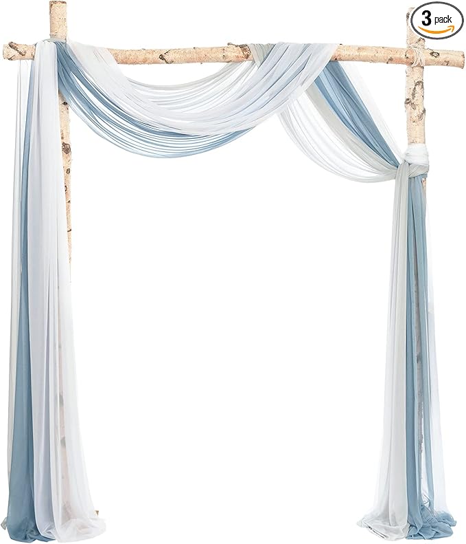 Ling's moment Wedding Arch Draping Fabric 3 Panels 20Ft Blue Chiffon Fabric,Sheer Hanging Drapes Arrangement for Wedding Ceremony Backdrop Party Swag Home Decor (Dusty Blue & Cool Grey & White)